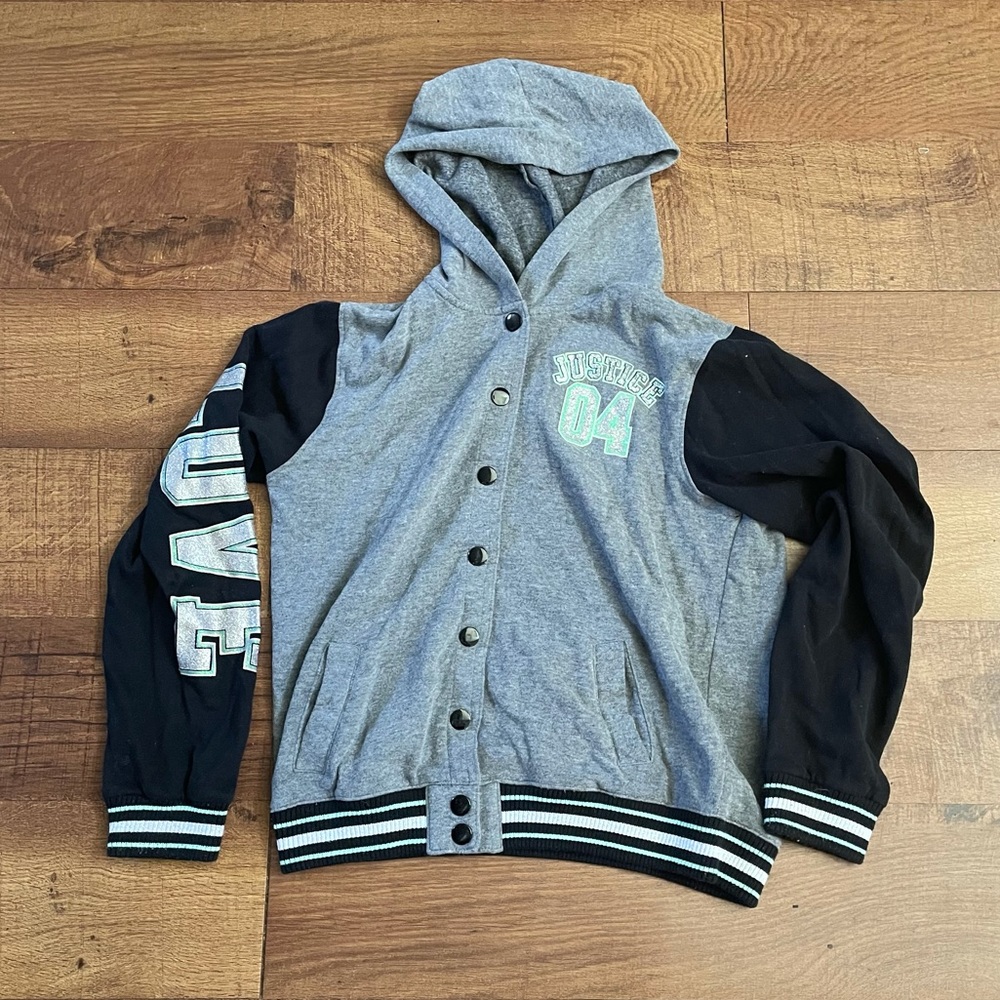 Justice girls varsity jacket coat sz 16/18 green/gray/black/white sparkly